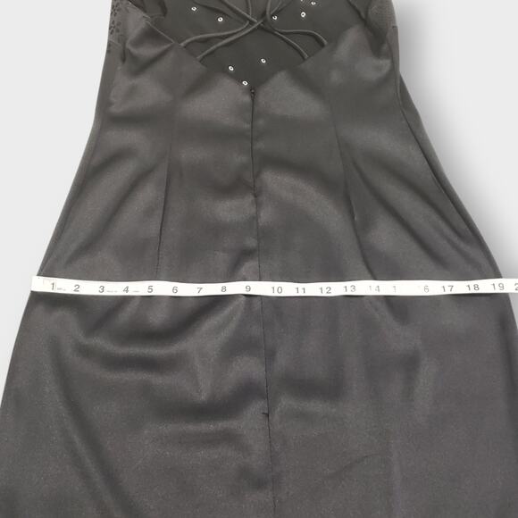 Vtg Rampage Y2K Black Floral Embroidered Rhinestone Maxi Dress Slit Sz 11 Formal - Picture 10 of 14